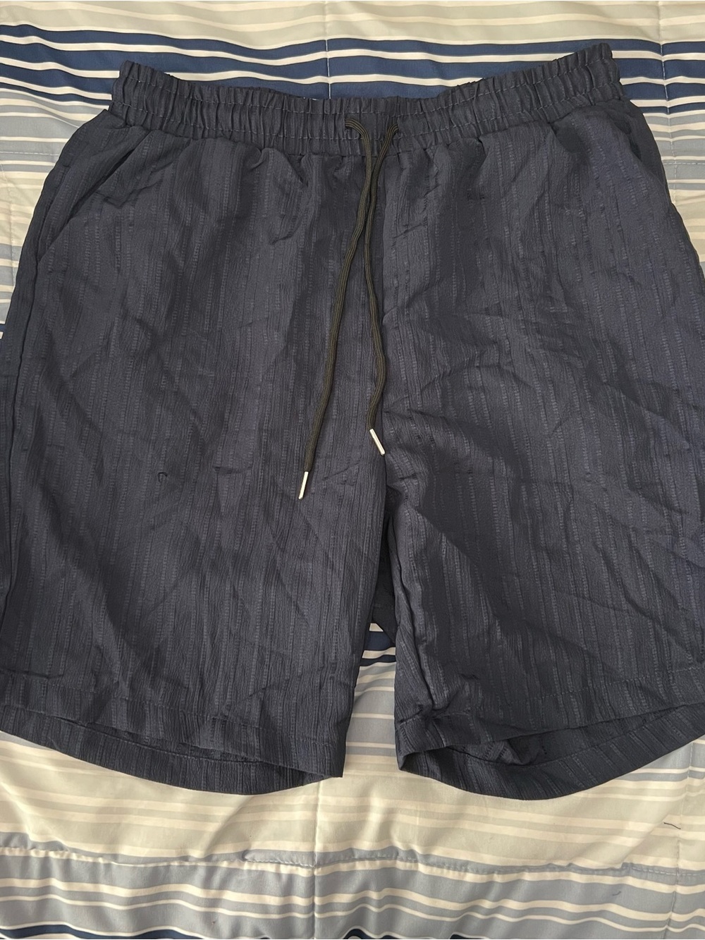 Textured Navy Drawstring Shorts